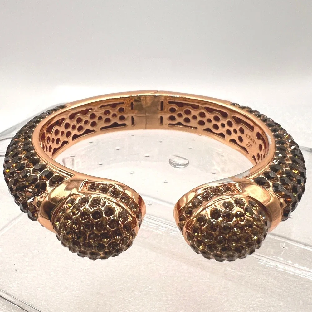 Joan Boyce‎ Hinged Bangle Bracelet Rose Gold Tone Purple Pave Rhinestones READ